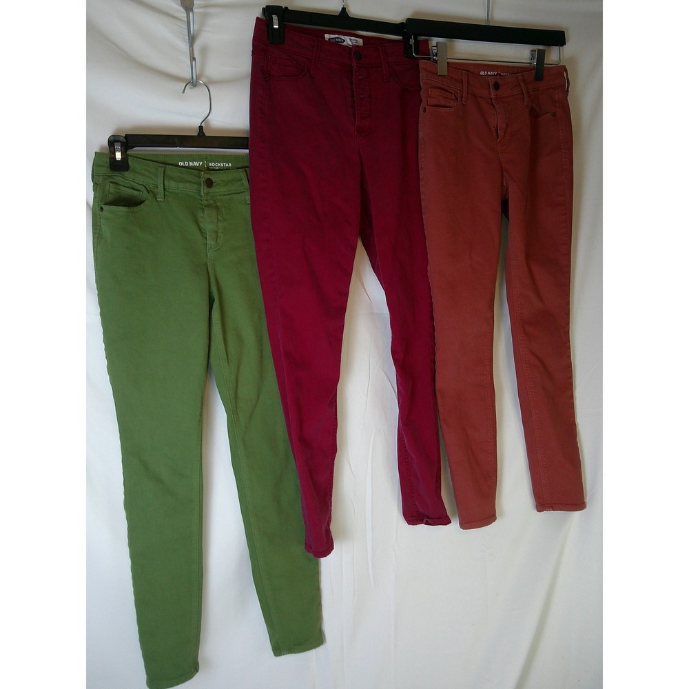 Old Navy Rockstar Jeans Bundle 3 Pairs Green Burgundy Rust Mid Rise Super Skinny
